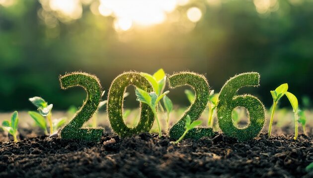 Eco Friendly 2026 Concept with Grass Numbers Growing from Fertile Soil Amidst a Lush Natural Background, Symbolizing Sustainability