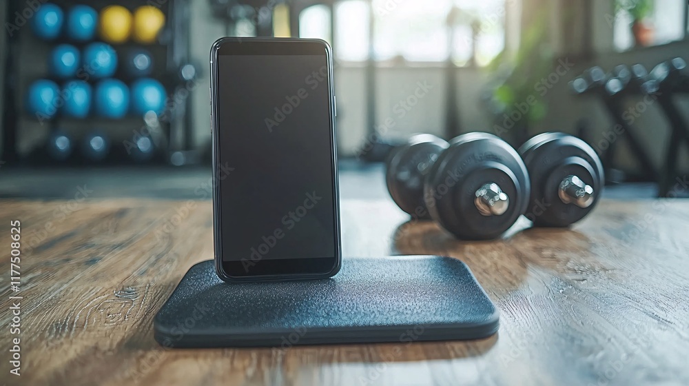 Aufkleber smartphone usage during a fitness workout for tracking progress and goals stock photo with side copy