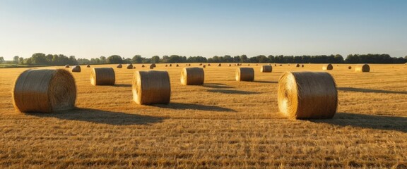 Golden hay bales scattered across a sunlit field during harvest season.