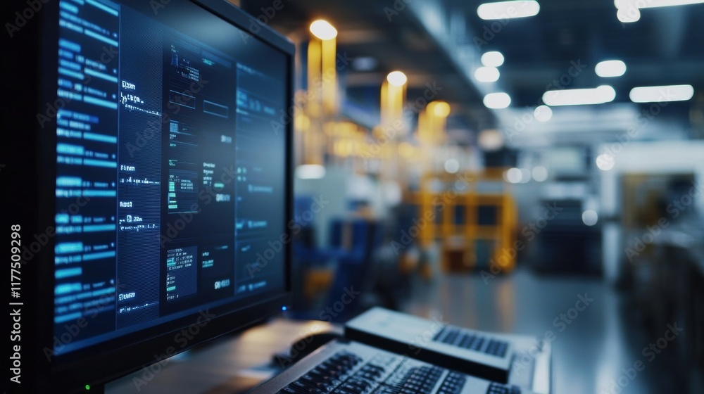 Poster computer displaying complex software code, managing automated machinery in a modern industrial facto