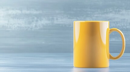 Obraz premium Yellow Mug on Blue Table - A single yellow mug sits on a blue wooden table against a blurred blue background. Concepts: simplicity, minimalism, warmth, blank canvas, potential.