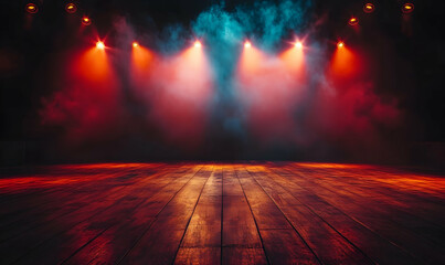 Dramatic stage lighting illuminates a dark wooden floor, creating a captivating and moody atmosphere perfect for theatrical or musical backgrounds.