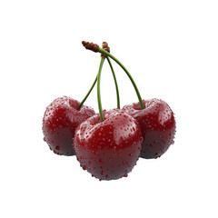 three fresh cherries with droplets of water on their surface. showcasing their vibrant red color and natural shine this visually appealing representation highlights the fruit's freshness. making it su