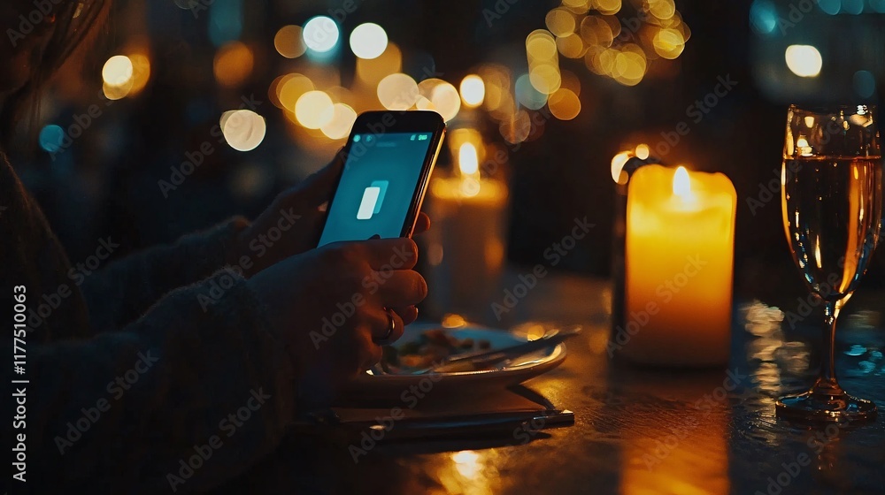 Poster Smartphone addiction captured with a person using their device during a meal Stock Photo with side copy space