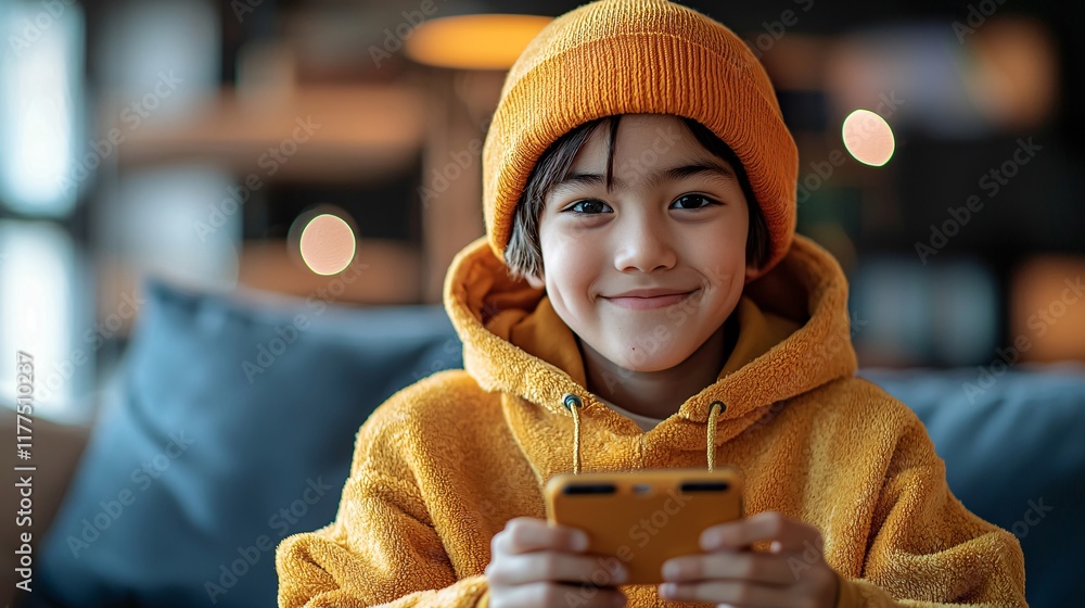 Poster smartphone addiction portrayed through a child playing games for hours stock photo with side copy sp