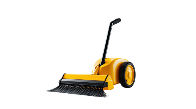 Yellow Street Sweeper Cleaning Machine on Black Background