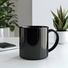 Black ceramic mug on office table at workplace