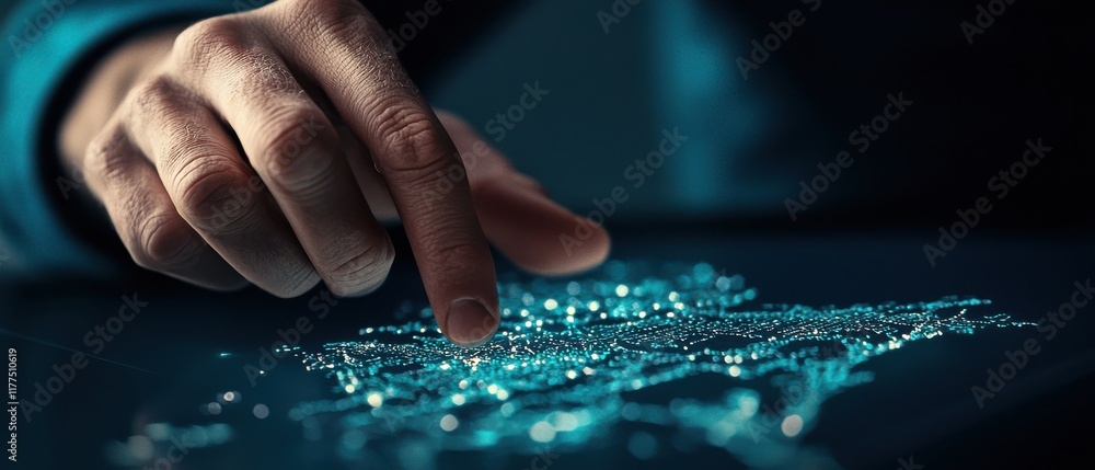 Poster a hand interacts with a glowing digital map, showcasing advanced technology and data visualization i