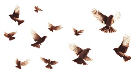 Obraz premium A Flock of Brown Birds in Flight Against a White Background
