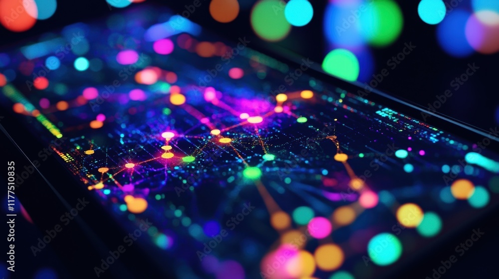 Poster complex network data visualized on a futuristic screen with vibrant, interconnected nodes and lines,