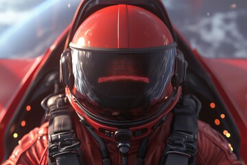 Fototapeta premium A futuristic pilot in a sleek red suit, wearing a high-tech helmet, is poised inside a spacecraft against a cosmic backdrop.