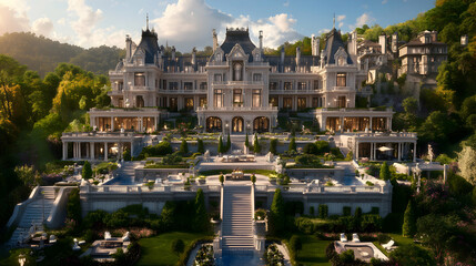 Fototapeta premium Grand Chateau overlooking lush hillside. Luxurious estate with extensive gardens, pools & stunning architecture. Perfect for real estate, luxury lifestyle, and travel publications.