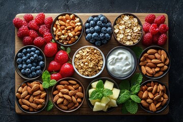 Obraz premium Top-down view of a fresh breakfast board with fruits and nuts kitchen food photography cozy home gourmet concept