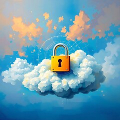 A vibrant digital painting depicts a golden padlock resting atop a fluffy white cloud against a backdrop of a clear blue sky.