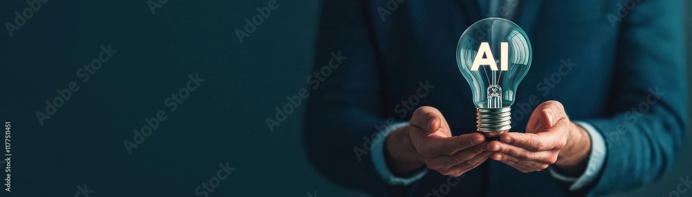 Poster a person in a suit holds a light bulb with 