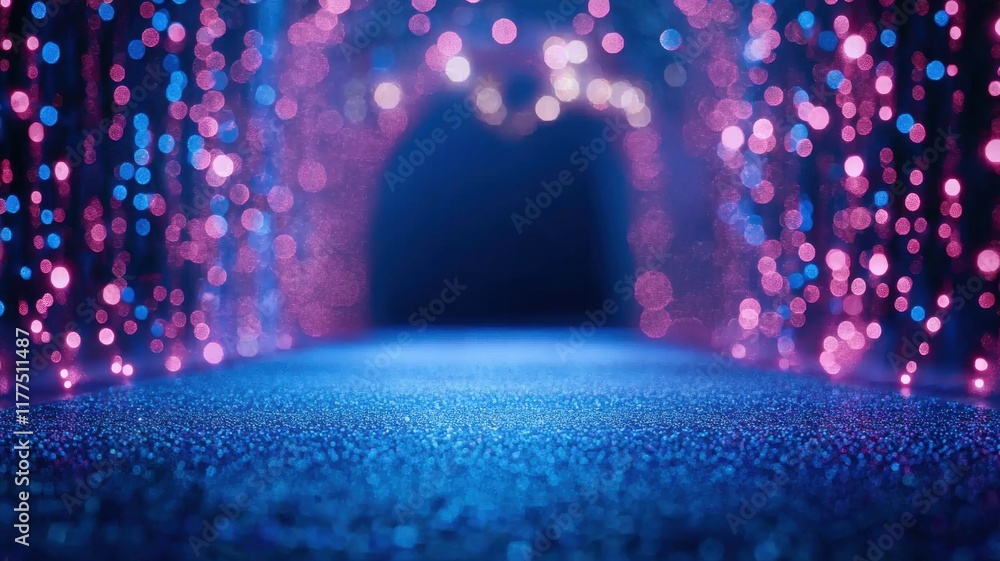 Poster a vibrant, illuminated tunnel filled with colorful bokeh lights, creating a magical and dreamy atmos