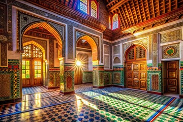 Obraz premium Luxurious Moroccan Bahia Palace Interior: Ornate Details & Vibrant Colors