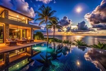 Fototapeta premium Luxurious Oceanfront Villa Infinity Pool Night Photography