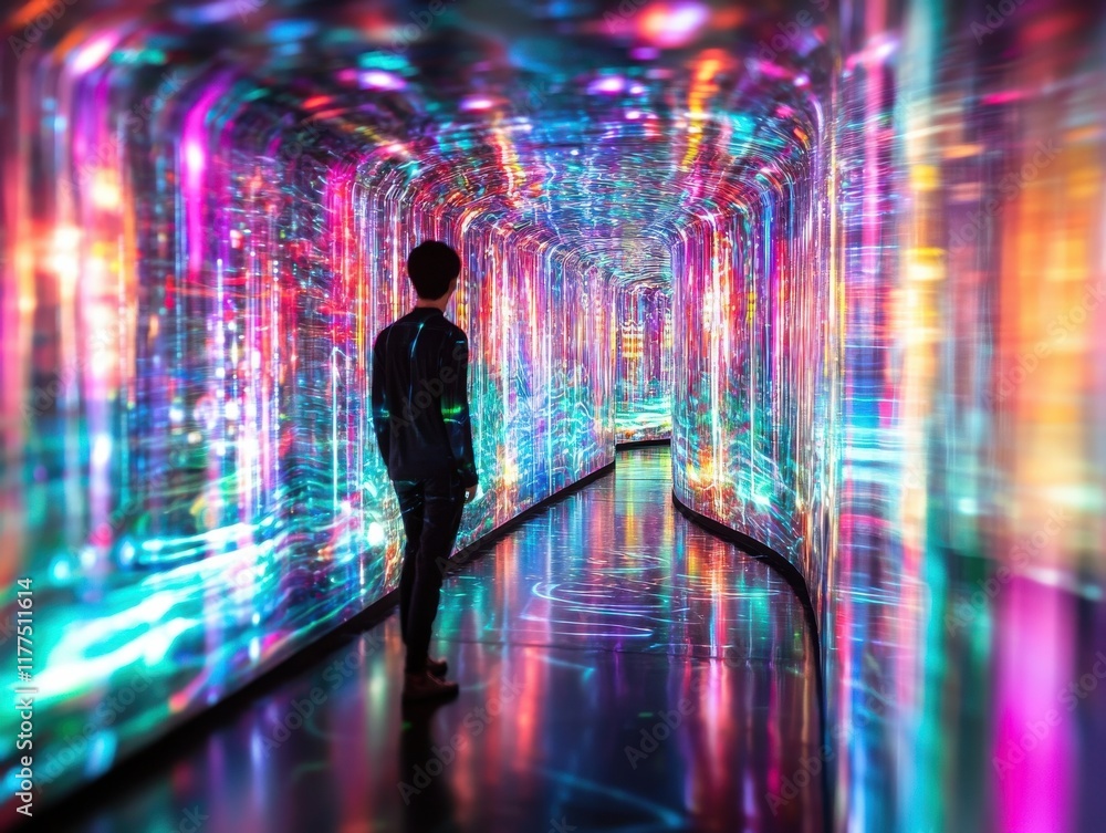 Poster a person stands in a vibrant, illuminated tunnel filled with colorful lights, creating a mesmerizing