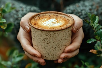 Hands holding a reusable coffee cup outdoor setting high-detail photography nature surroundings close-up perspective