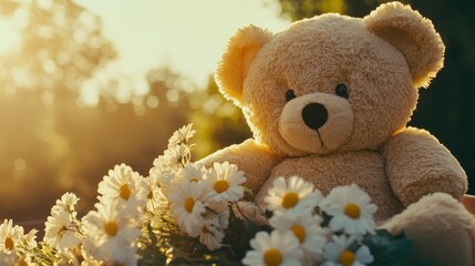 Fototapeta premium A soft teddy bear sits among delicate white daisies, illuminated by the warm glow of a sunset. The serene setting creates a gentle and inviting atmosphere