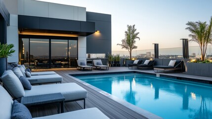 Fototapeta premium Rooftop pool area features elegant lounge chairs surrounding a tranquil pool, set against a beautiful sunset over the city skyline, creating a perfect relaxation spot