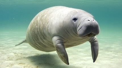 Underwater close-up of a manatee swimming in shallow, clear water.