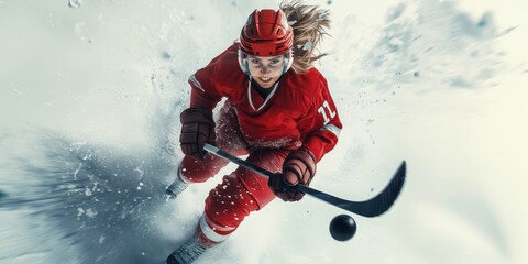 Unstoppable energy. Female hockey player in red jersey, embodying drive and skill, empowering women in competitive ice hockey.