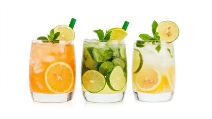 Three colorful cocktails with mint and lime garnishes.