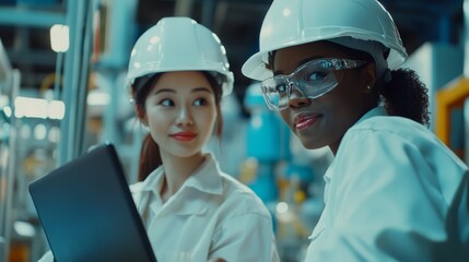 Two engineers wearing safety helmets and goggles engage in a collaborative discussion in a contemporary industrial environment. They appear focused on their tasks