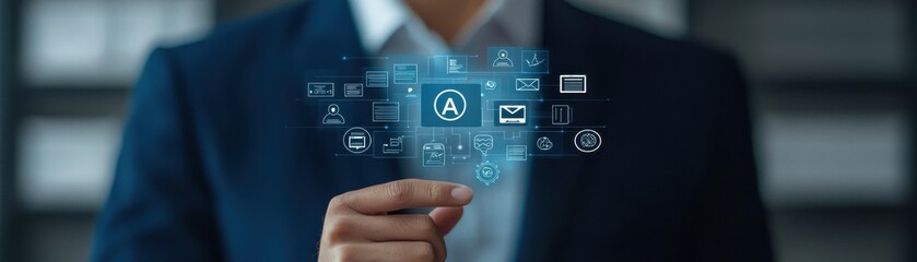 A businessman interacts with digital icons, showcasing technology and innovation in a modern office environment.