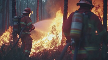 Fototapeta premium Firefighters work diligently to control a wildfire in a thick forest, using hoses to suppress the flames while smoke fills the air. The late afternoon light creates an intense atmosphere