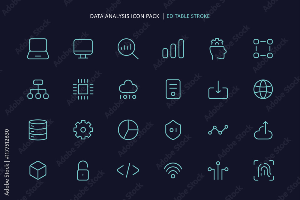 Fototapete minimalist icon set of 24 data analysis-themed vectors: laptops, cloud, ai, graphs. neon blue stroke