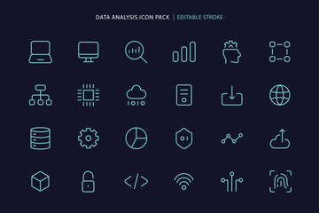 Minimalist icon set of 24 data analysis-themed vectors: laptops, cloud, AI, graphs. Neon blue stroke and editable stroke. UX UI design. Technology vector icons. outline style.