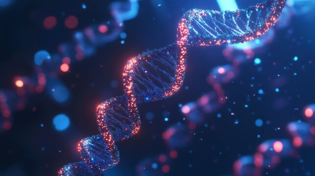 DNA strands twist elegantly in a colorful digital realm, illuminated by bright neon hues. This visually striking representation emphasizes the complexity of genetic material and molecular biology