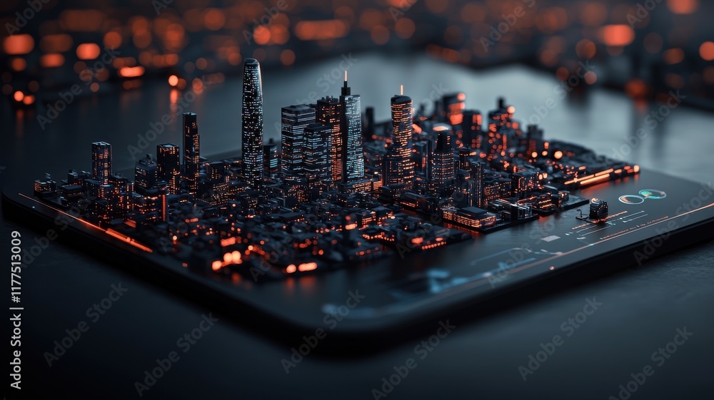Poster a futuristic cityscape is intricately designed on a circuit board, illuminated by glowing lights, bl
