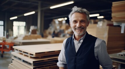 A skilled craftsman wearing a vest stands confidently, smiling in a well-lit wooden pallet workshop. The background is filled with stacks of wooden pallets, showcasing a busy environment