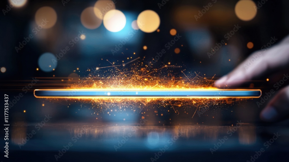 Poster a glowing smartphone interface with sparks and a finger poised above it, suggesting advanced technol
