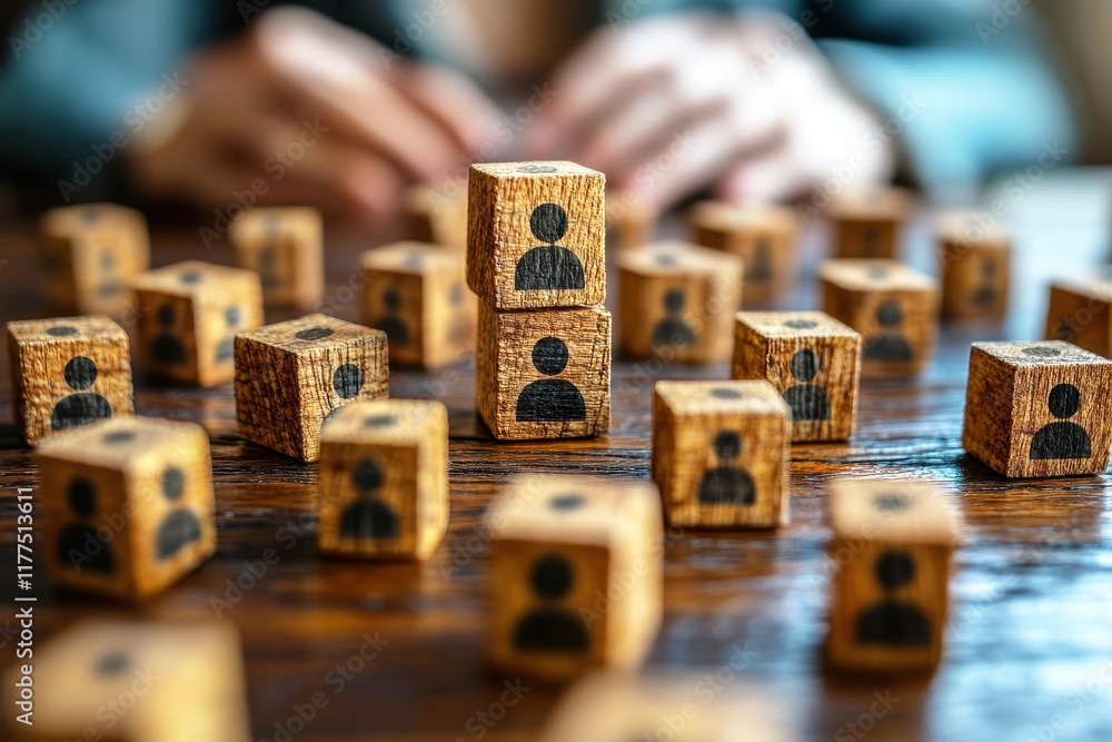Poster wooden cubes with person icons representing teamwork and collaboration on a wooden table surface foc