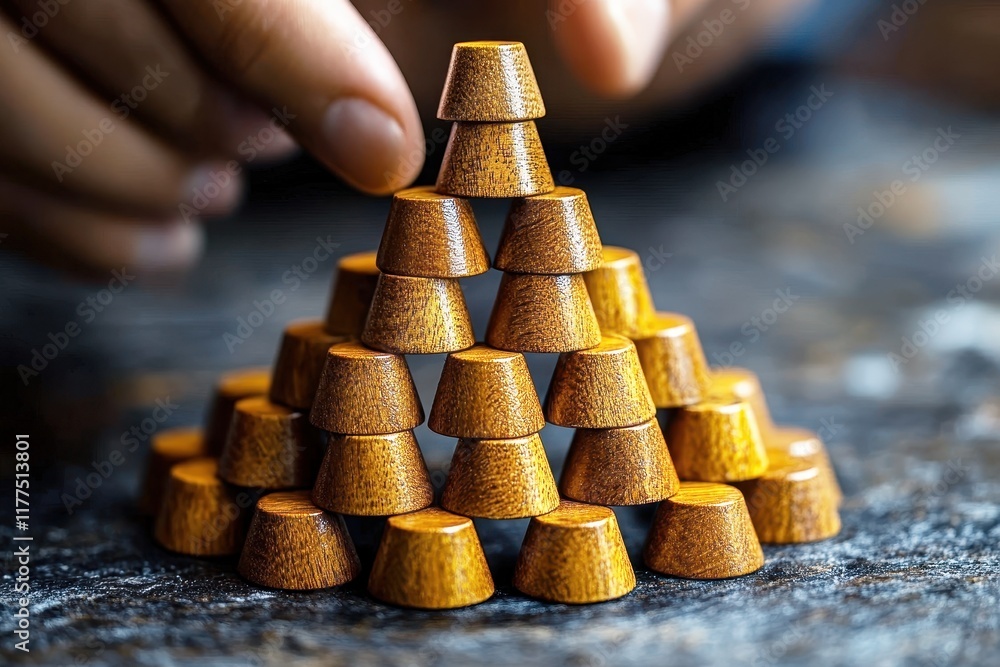 Aufkleber wooden stacking game with cone-shaped pieces arranged in a pyramid design on a marble surface in sof