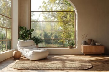 Fototapeta premium modern scandinavian living room interior design with elegant commode, minimalist decor and natural light, 3d visualization
