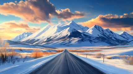 Road leading to a snowcapped mountain. Snowcap. Illustration