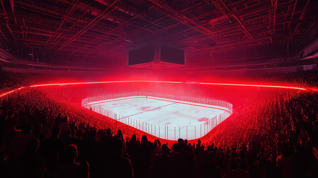 Frozen field lit with red hues, symbolizing vibrant energy of live game, blending power of sport and collective excitement.