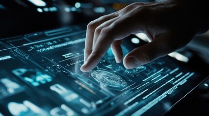 Hand interacting with a holographic fingerprint interface, displaying advanced manufacturing data and highlighting key concepts in engineering and production management