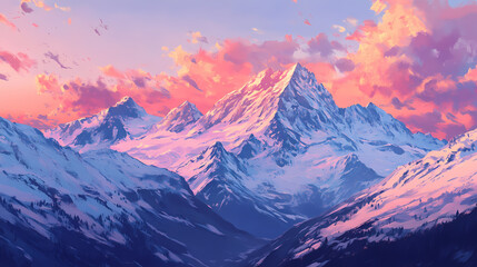 Serene acrylic painting of a swiss mountain landscape, snowcapped peaks blending into a pastel sunrise. Snowcap. Illustration