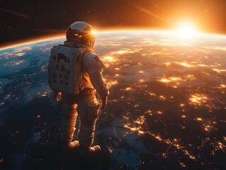 Solitary Astronaut Gazing at Breathtaking View of Earth from Vast Cosmic Expanse