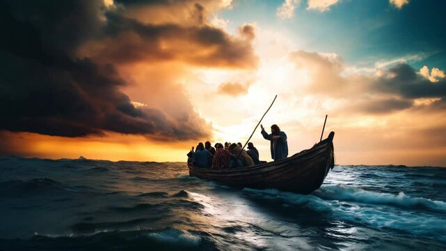 Jesus calms the storm a miraculous moment on the sea of galilee with amazed disciples