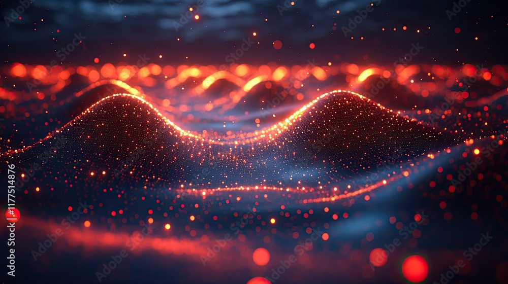 Poster glowing particle waves abstract red and dark background