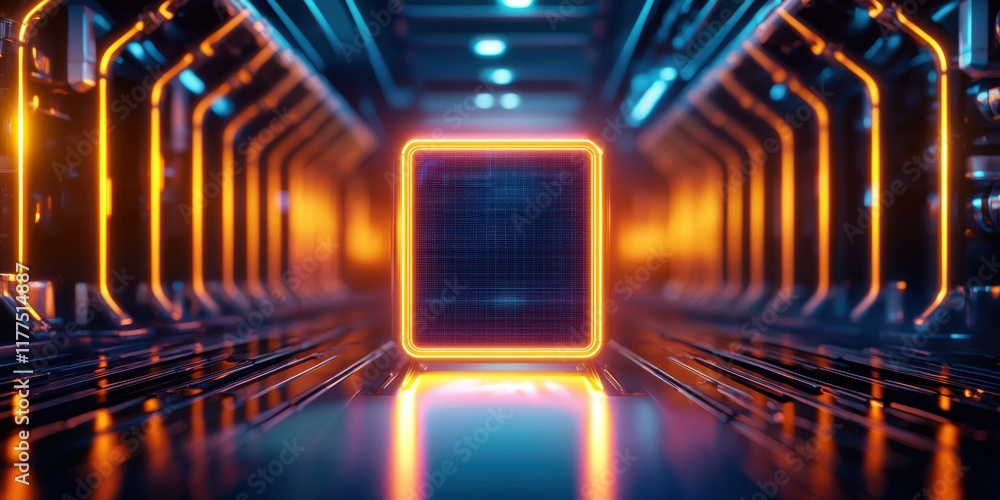 Poster a futuristic corridor illuminated by neon lights leads to a glowing square object, creating a captiv