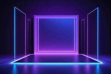 a dark room with a neon light and a door